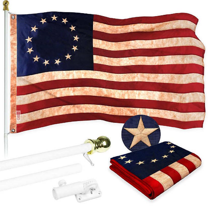 G128 Combo 5ft White Flagpole & 2.5x4ft Betsy Ross Tea-Stained Embroidered 420D Polyester Flag Image