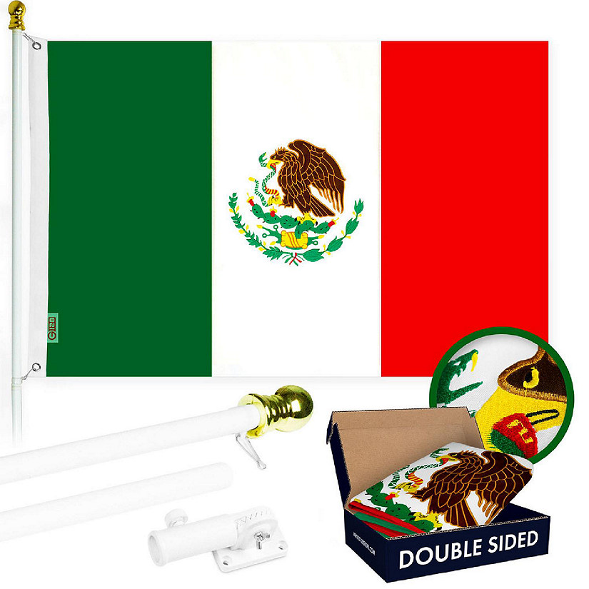 G128 Combo 5ft White Flagpole & 2.5x4ft Mexico Embroidered Double Sided 210D Polyester Flag Image