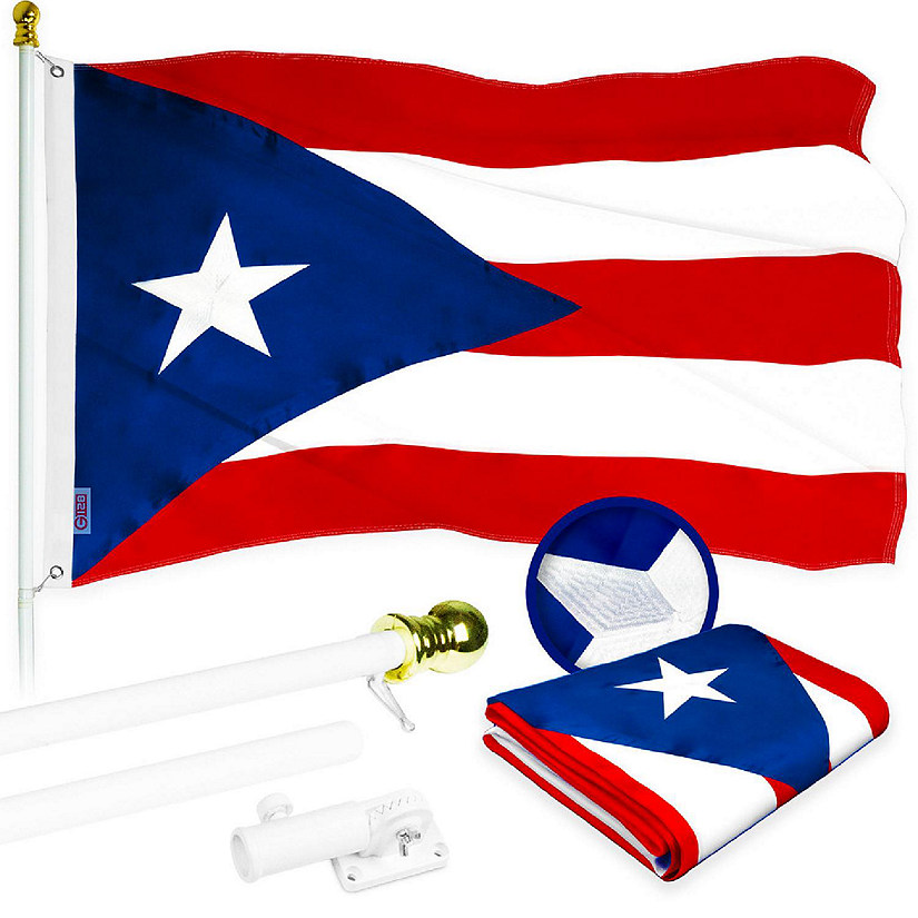 G128 Combo 5ft White Flagpole & 2.5x4ft Puerto Rico Embroidered 210D Polyester Flag Image