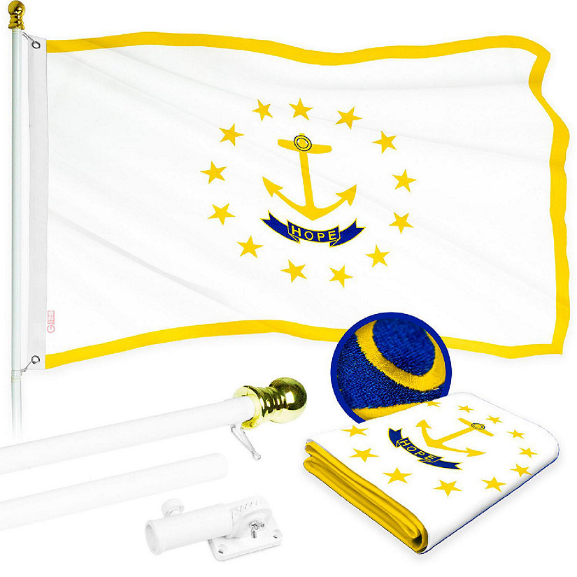 G128 Combo 5ft White Flagpole & 2.5x4ft Rhode Island Embroidered 210D Polyester Flag Image