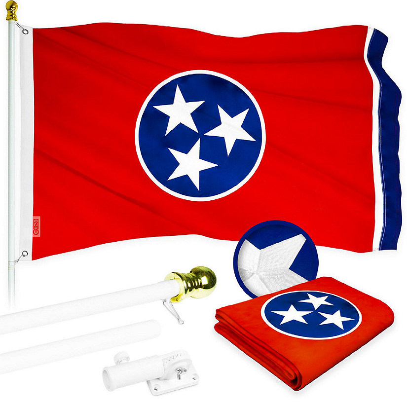 G128 Combo 5ft White Flagpole & 2.5x4ft Tennessee Embroidered 210D Polyester Flag Image