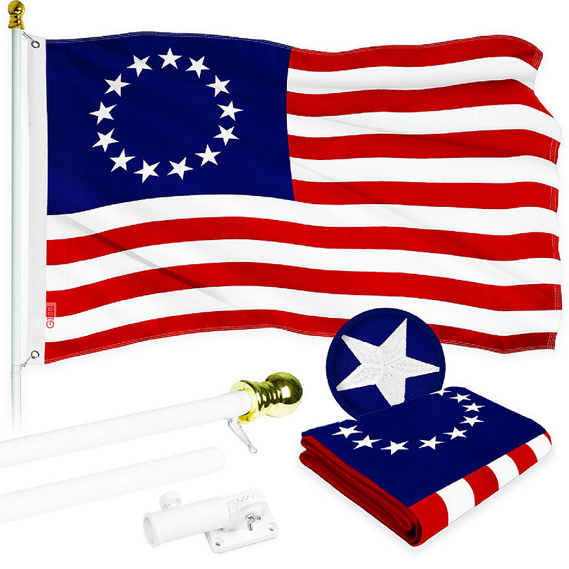 G128 Combo 5ft White Flagpole & 2x3ft Betsy Ross Embroidered 210D Polyester Flag Image