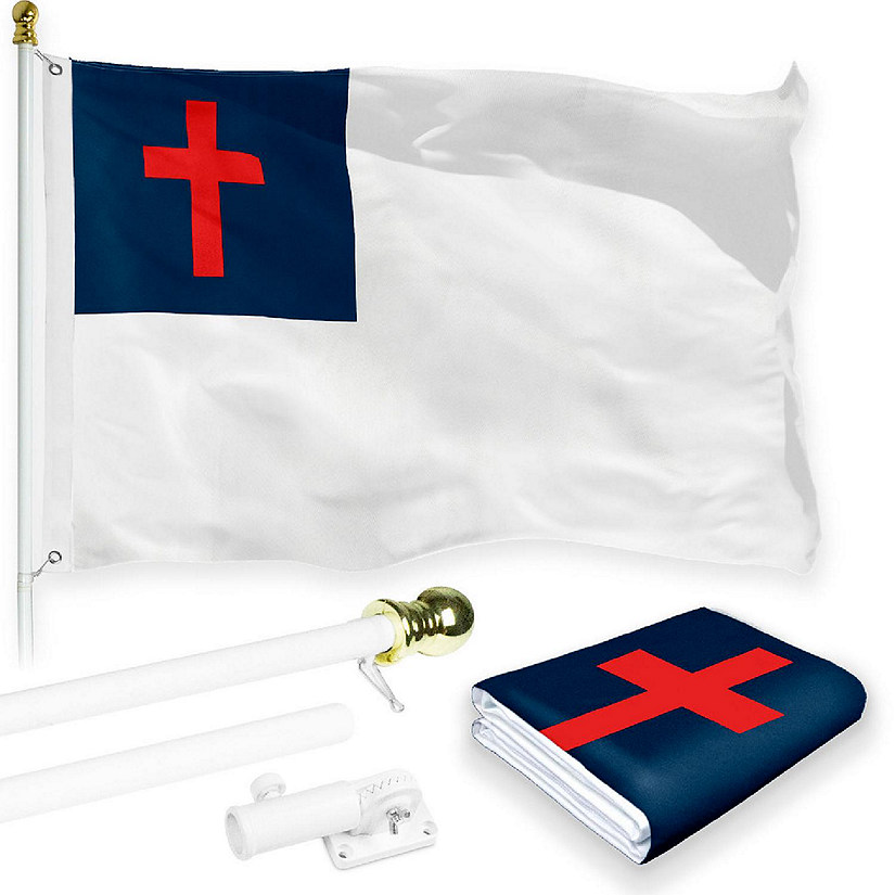 G128 Combo 5ft White Flagpole & 2x3ft Christian Printed 150D Polyester Flag Image