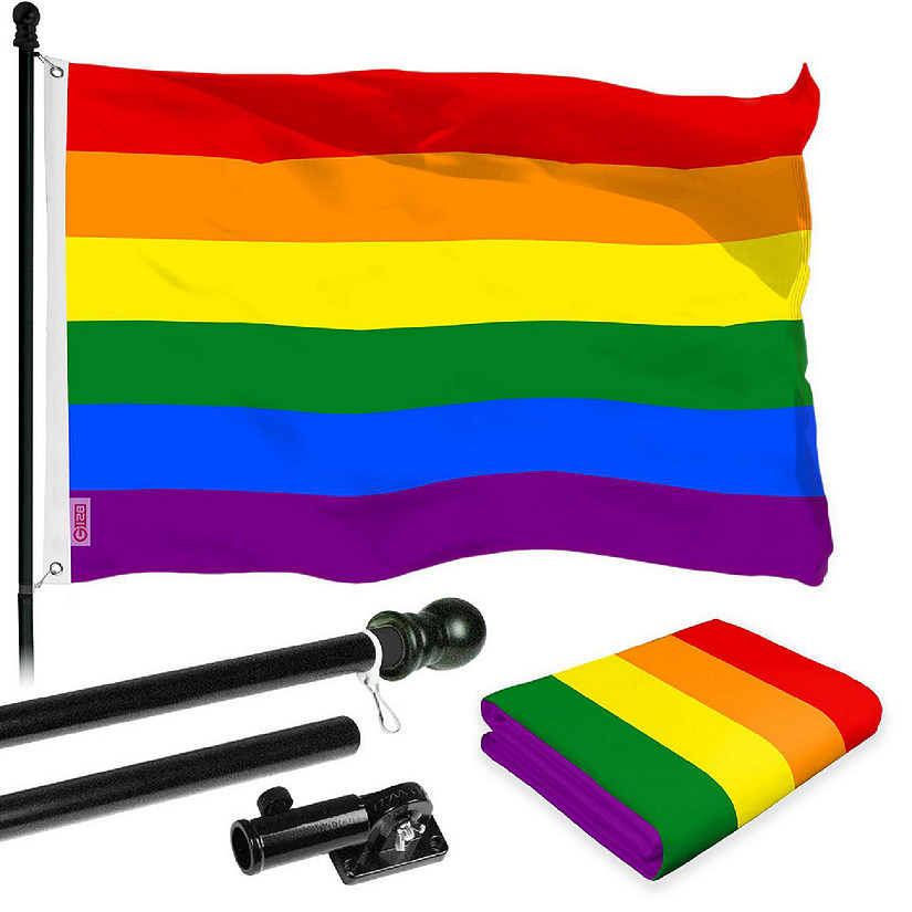 G128 Combo 6ft Black Flagpole & 3x5 Ft LGBT Rainbow Pride Printed 150D Polyester Flag Image