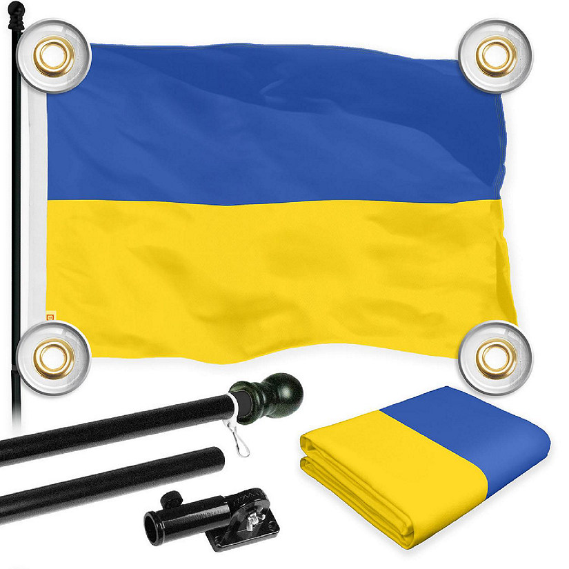 G128 Combo 6ft Black Flagpole & 3x5 Ft Ukraine Printed 150D 4 Corner Brass Grommets Polyester Flag Image
