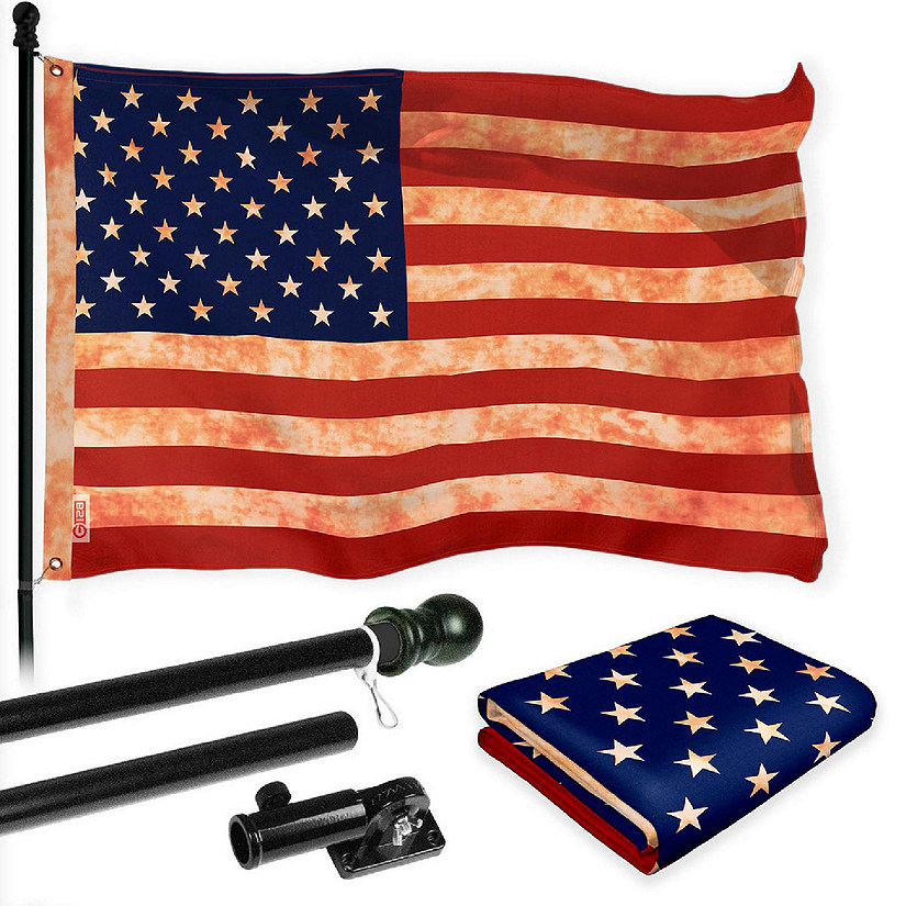 G128 Combo 6ft Black Flagpole & 3x5 Ft US Tea Stained Printed 300D Polyester Flag Image
