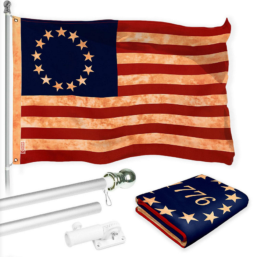 G128 Combo 6ft Silver Flagpole & 3x5 Ft Betsy Ross Tea Stained Printed 300D Polyester Flag Image