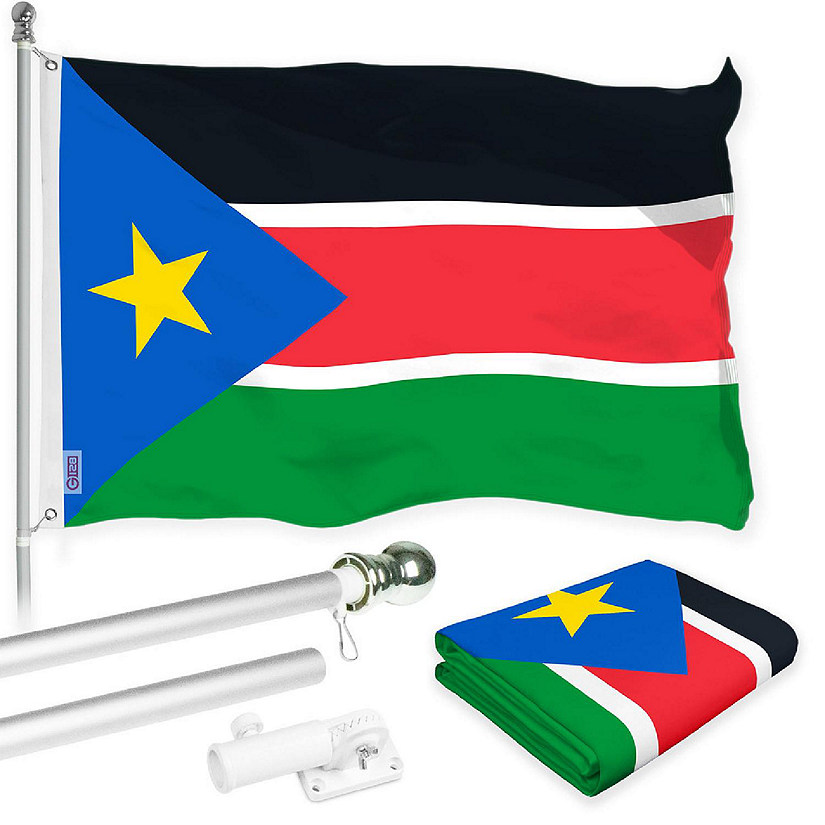 G128 Combo 6ft Silver Flagpole & 3x5 Ft South Sudan Printed 150D Polyester Flag Image