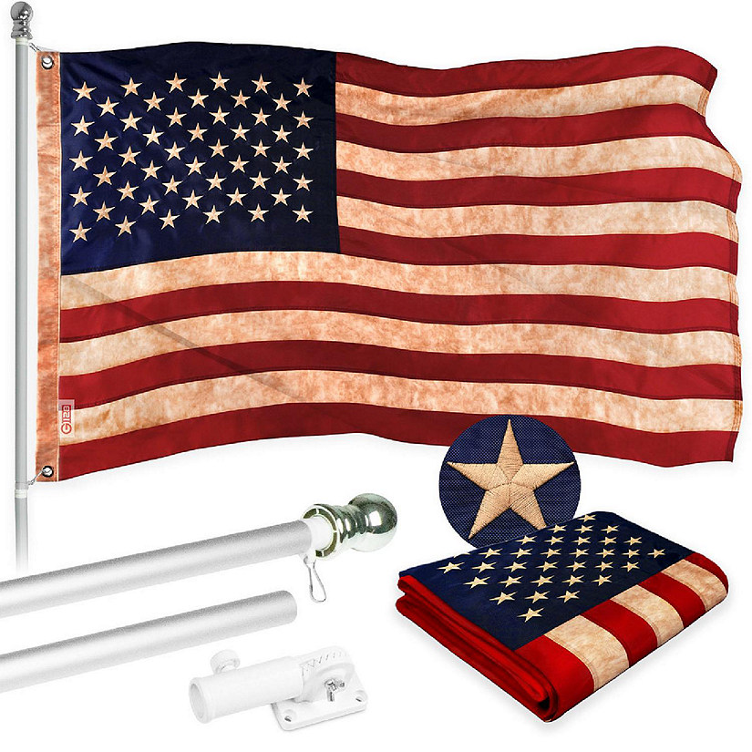 G128 Combo 6ft Silver Flagpole & 3x5ft USA Tea-Stained Embroidered 420D Polyester Flag Image