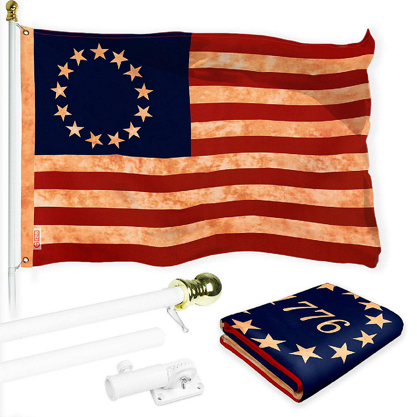 G128 Combo 6ft White Flagpole & 3x5 Ft Betsy Ross Tea Stained Printed 300D Polyester Flag Image