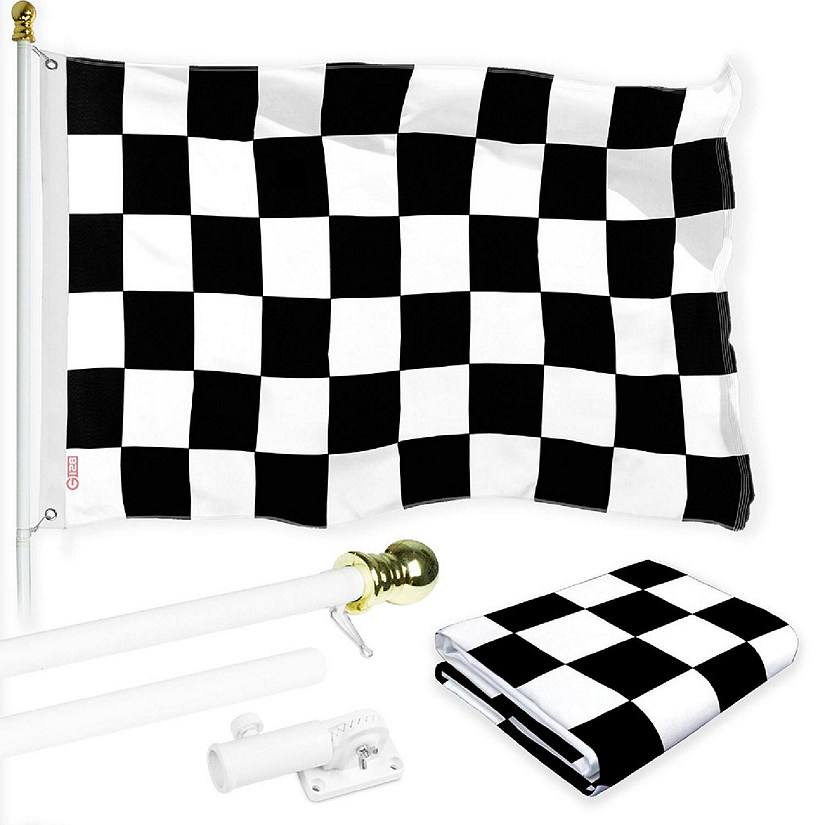 G128 Combo 6ft White Flagpole & 3x5 Ft Checkered Flag Printed 150D Polyester Flag Image