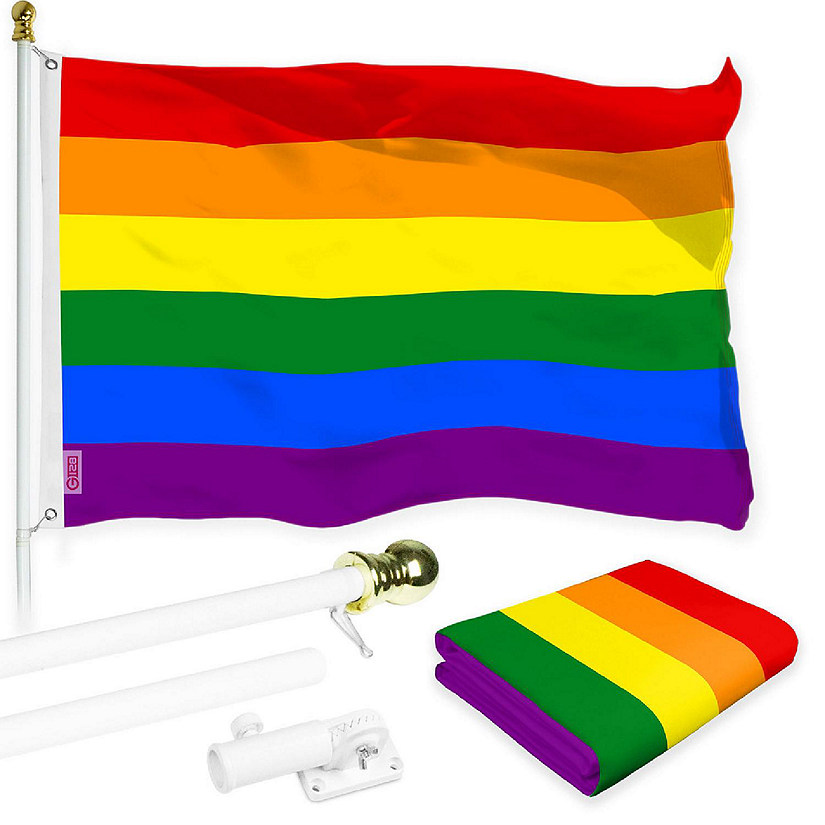 G128 Combo 6ft White Flagpole & 3x5 Ft LGBT Rainbow Pride Printed 150D Polyester Flag Image