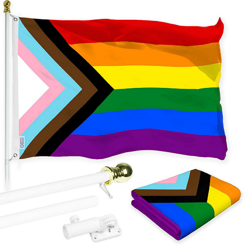 G128 Combo 6ft White Flagpole & 3x5 Ft LGBT Rainbow Pride Progress Printed 150D Polyester Flag Image