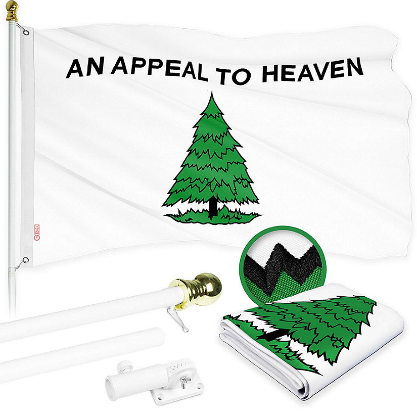 G128 Combo 6ft White Flagpole & 3x5ft An Appeal to Heaven Embroidered 300D Polyester Flag Image