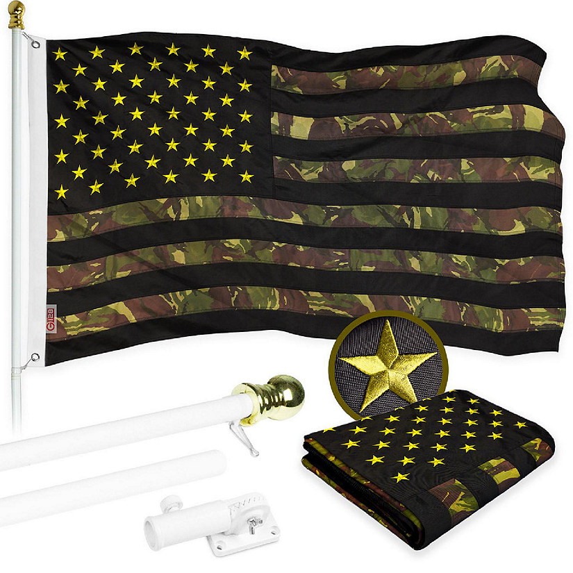 G128 Combo 6ft White Flagpole & 3x5ft US Camouflage Embroidered 210D Polyester Flag Image