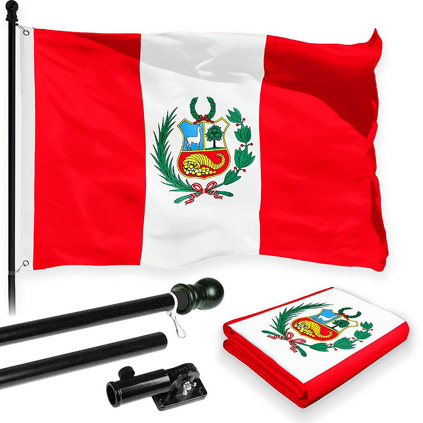 G128 - Combo Pack: 6 Feet Tangle Free Spinning Flagpole (Black) Peru Peruvian Flag 3x5 ft Printed 150D Brass Grommets (Flag Included) Aluminum Flag Pole Image