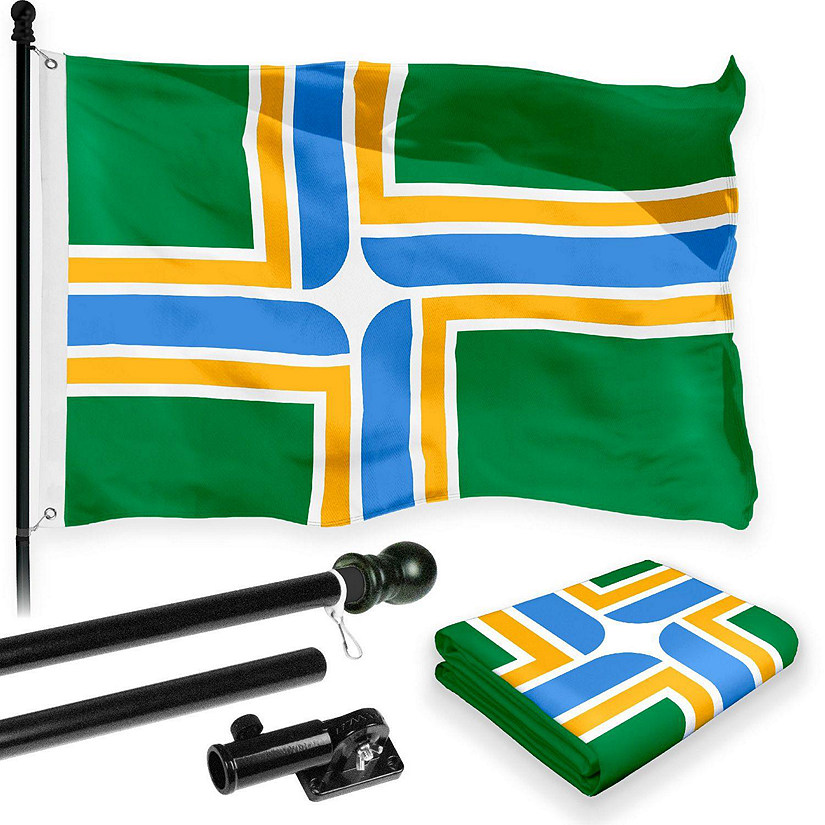 G128 - Combo Pack: 6 Feet Tangle Free Spinning Flagpole (Black) Portland City Flag 3x5 ft Printed 150D Brass Grommets (Flag Included) Aluminum Flag Pole Image