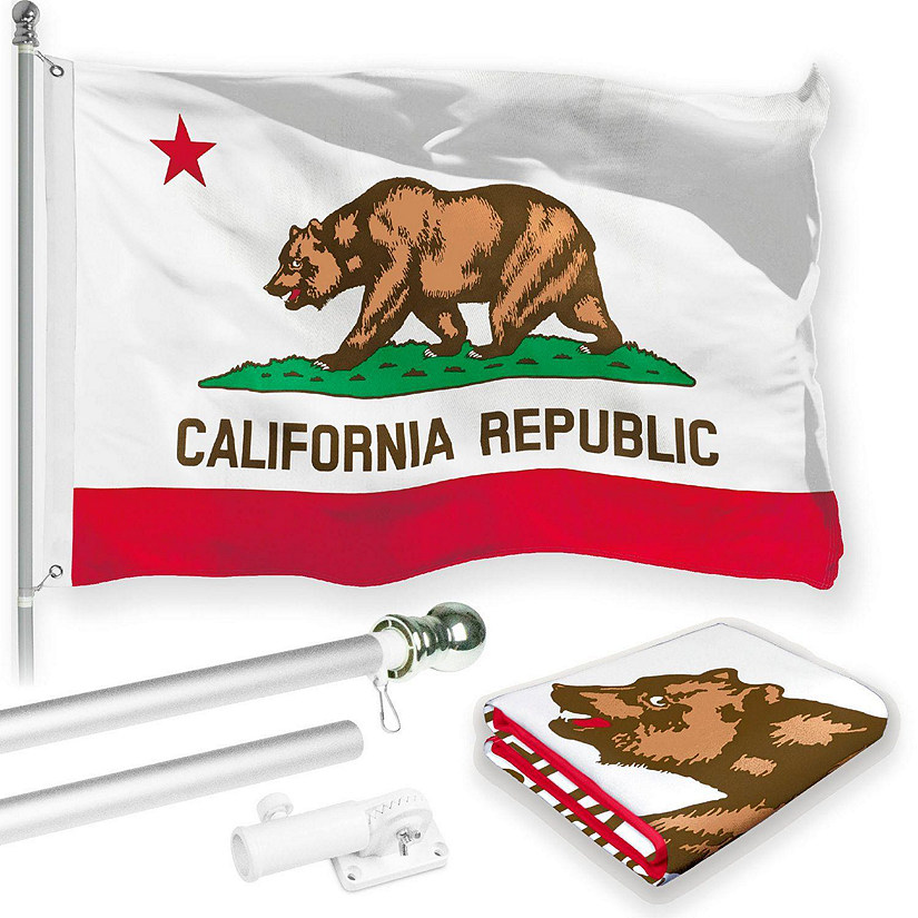 G128 - Combo Pack: 6 Feet Tangle Free Spinning Flagpole (Silver) California CA State Flag 3x5 ft Printed 150D Brass Grommets (Flag Included) Aluminum Flag Pole Image