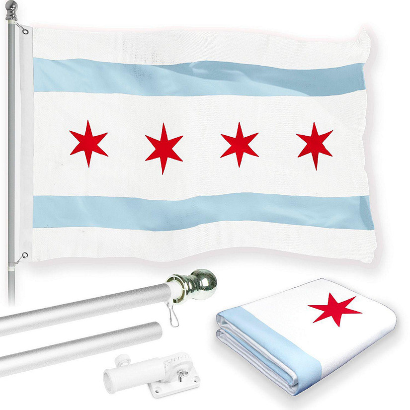G128 - Combo Pack: 6 Feet Tangle Free Spinning Flagpole (Silver) Chicago City Flag 3x5 ft Printed 150D Brass Grommets (Flag Included) Aluminum Flag Pole Image