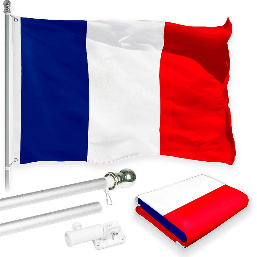 G128 - Combo Pack: 6 Feet Tangle Free Spinning Flagpole (Silver) France French Flag 3x5 ft Printed 150D Brass Grommets (Flag Included) Aluminum Flag Pole Image
