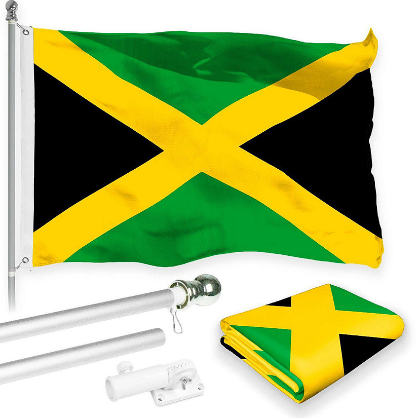 G128 - Combo Pack: 6 Feet Tangle Free Spinning Flagpole (Silver) Jamaica Jamaican Flag 3x5 ft Printed 150D Brass Grommets (Flag Included) Aluminum Flag Pole Image