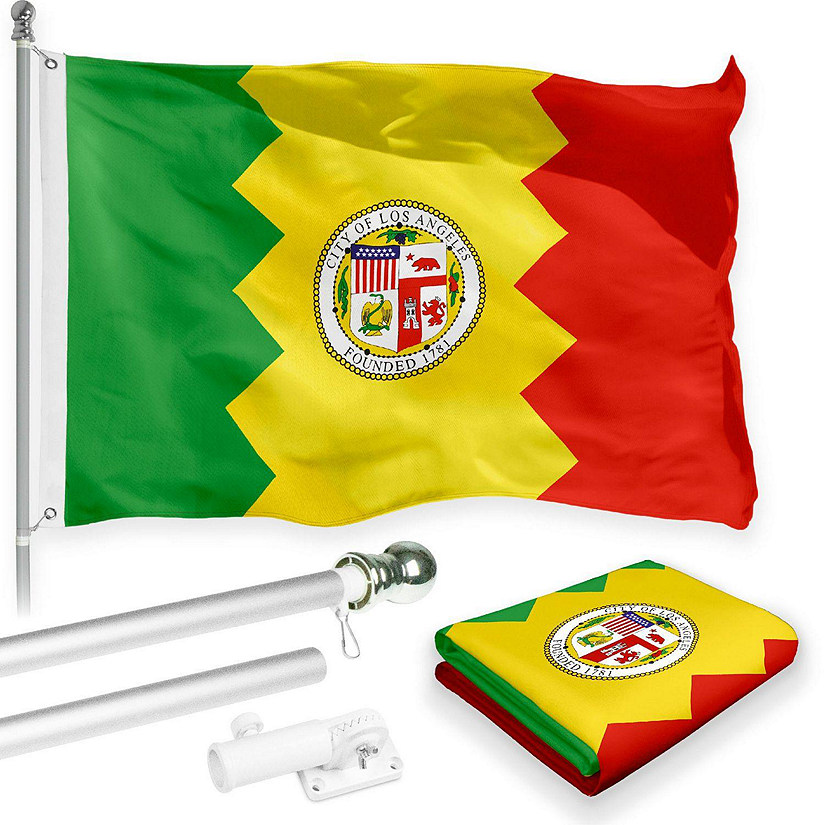 G128 - Combo Pack: 6 Feet Tangle Free Spinning Flagpole (Silver) Los Angeles City Flag 3x5 ft Printed 150D Brass Grommets (Flag Included) Aluminum Flag Pole Image