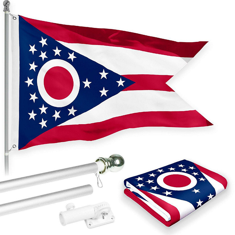 G128 - Combo Pack: 6 Feet Tangle Free Spinning Flagpole (Silver) Ohio OH State Flag 3x5 ft Printed 150D Brass Grommets (Flag Included) Aluminum Flag Pole Image