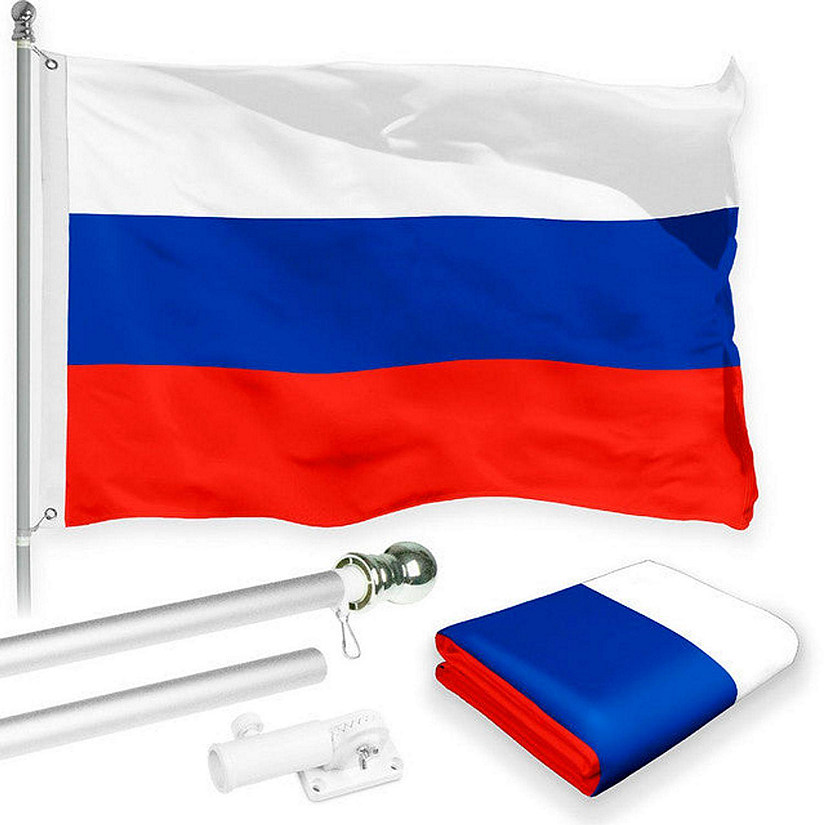 G128 - Combo Pack: 6 Feet Tangle Free Spinning Flagpole (Silver) Russia Russian Flag 3x5 ft Printed 150D Brass Grommets (Flag Included) Aluminum Flag Pole Image