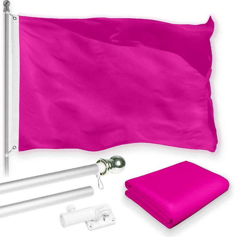G128 - Combo Pack: 6 Feet Tangle Free Spinning Flagpole (Silver) Solid Pink Flag 3x5 ft Printed 150D Brass Grommets (Flag Included) Aluminum Flag Pole Image