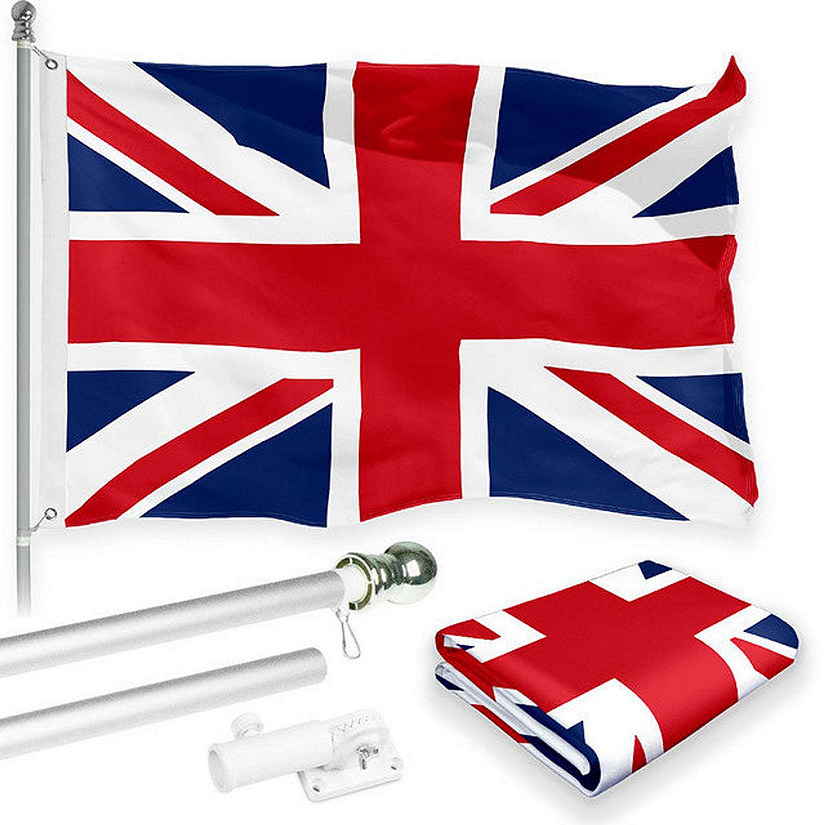 G128 - Combo Pack: 6 Feet Tangle Free Spinning Flagpole (Silver) UK United Kingdom Flag 3x5 ft Printed 150D Brass Grommets (Flag Included) Aluminum Flag Pole Image