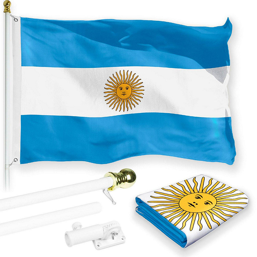 G128 - Combo Pack: 6 Feet Tangle Free Spinning Flagpole (White) Argentina Argentinian Flag 3x5 ft Printed 150D Brass Grommets (Flag Included) Aluminum Flag Pole Image