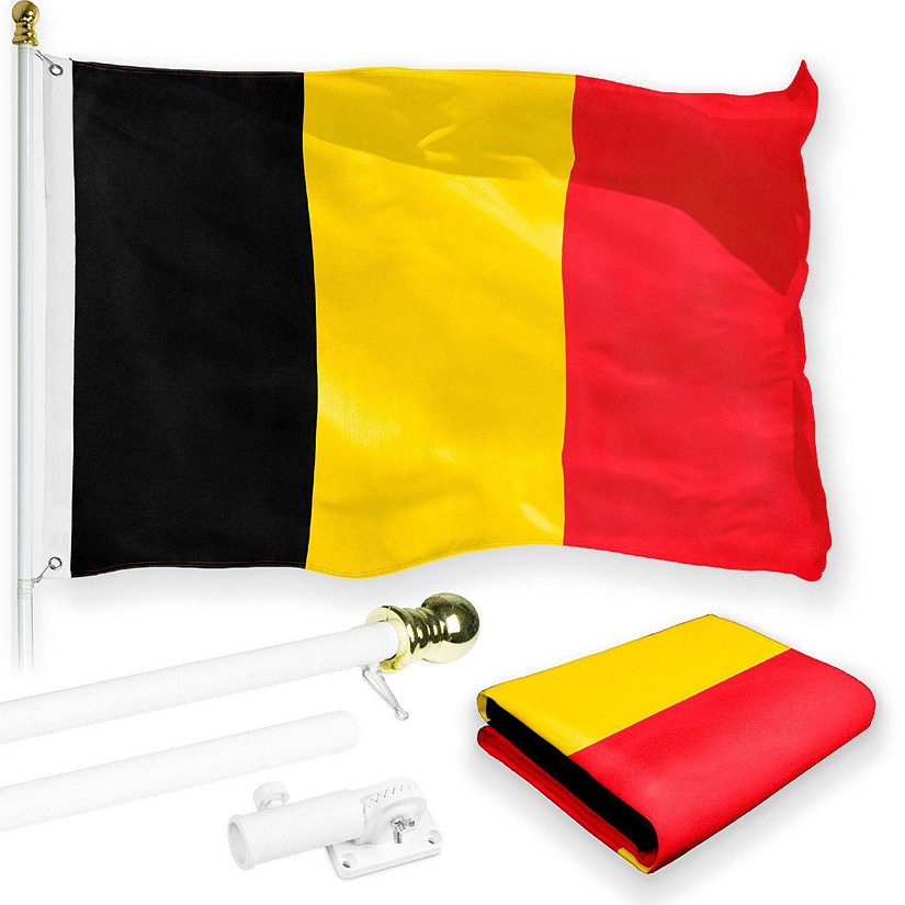 G128 - Combo Pack: 6 Feet Tangle Free Spinning Flagpole (White) Belgium Belgian Flag 3x5 ft Printed 150D Brass Grommets (Flag Included) Aluminum Flag Pole Image
