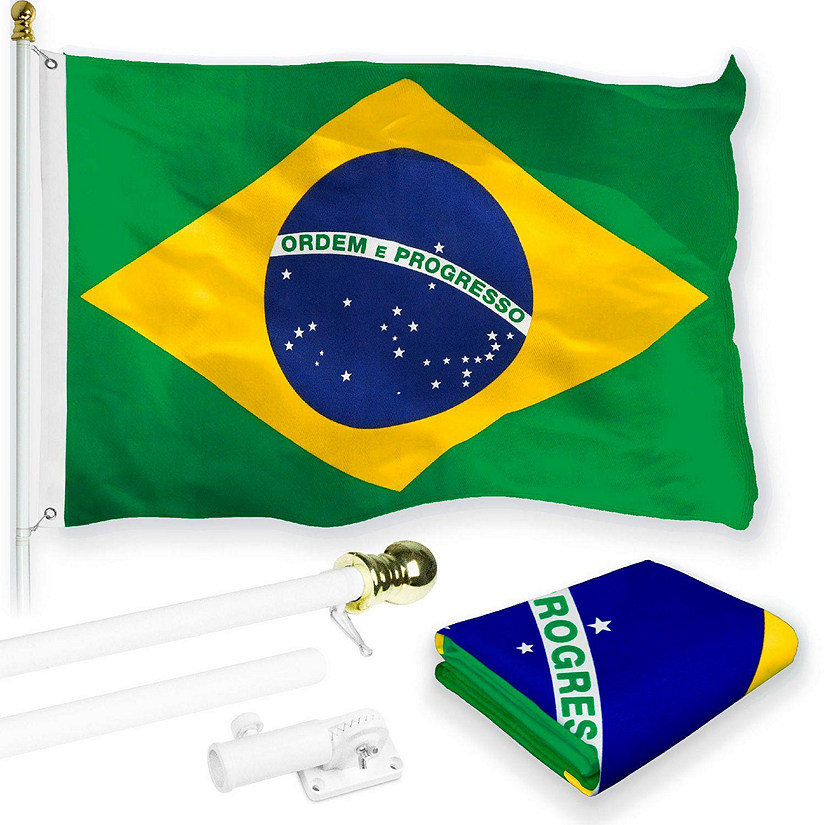 G128 - Combo Pack: 6 Feet Tangle Free Spinning Flagpole (White) Brazil Brazilian Flag 3x5 ft Printed 150D Brass Grommets (Flag Included) Aluminum Flag Pole Image