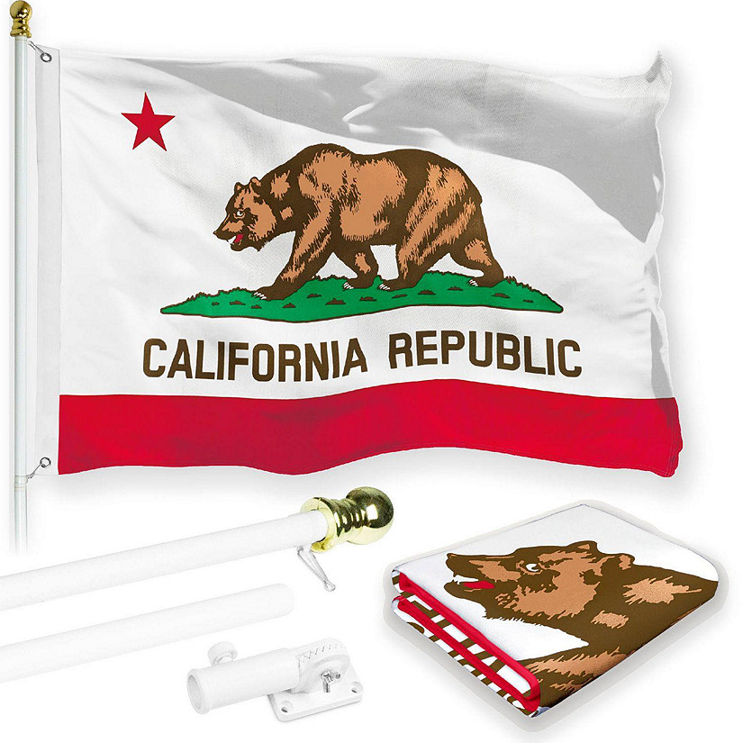 G128 - Combo Pack: 6 Feet Tangle Free Spinning Flagpole (White) California CA State Flag 3x5 ft Printed 150D Brass Grommets (Flag Included) Aluminum Flag Pole Image