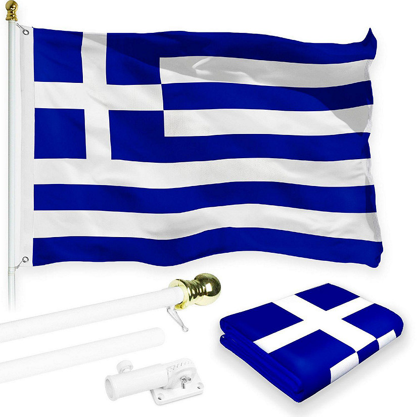 G128 - Combo Pack: 6 Feet Tangle Free Spinning Flagpole (White) Greece Greek Flag 3x5 ft Printed 150D Brass Grommets (Flag Included) Aluminum Flag Pole Image
