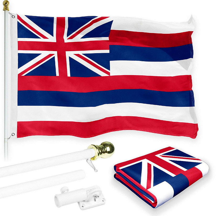 G128 - Combo Pack: 6 Feet Tangle Free Spinning Flagpole (White) Hawaii HI State Flag 3x5 ft Printed 150D Brass Grommets (Flag Included) Aluminum Flag Pole Image
