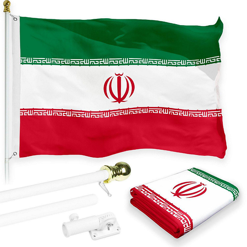 G128 - Combo Pack: 6 Feet Tangle Free Spinning Flagpole (White) Iran Iranian Flag 3x5 ft Printed 150D Brass Grommets (Flag Included) Aluminum Flag Pole Image