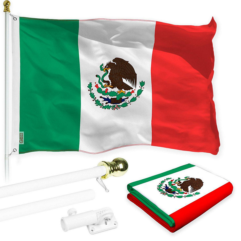 G128 - Combo Pack: 6 Feet Tangle Free Spinning Flagpole (White) Mexico Mexican Flag 3x5 ft Printed 150D Brass Grommets (Flag Included) Aluminum Flag Pole Image