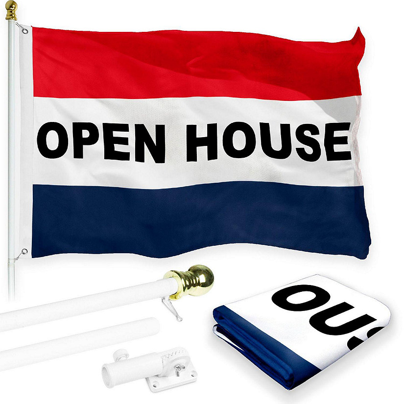 G128 - Combo Pack: 6 Feet Tangle Free Spinning Flagpole (White) Open House Flag 3x5 ft Printed 150D Brass Grommets (Flag Included) Aluminum Flag Pole Image