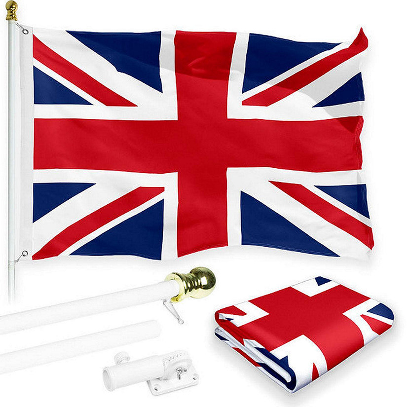 G128 - Combo Pack: 6 Feet Tangle Free Spinning Flagpole (White) UK United Kingdom Flag 3x5 ft Printed 150D Brass Grommets (Flag Included) Aluminum Flag Pole Image