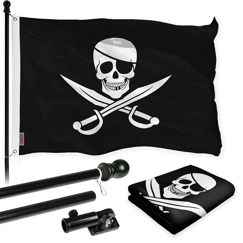 G128 - Combo Pack: Flag Pole 6 FT Black Tangle Free and Pirate Jolly Roger Swords Flag 3x5ft 150D Printed Polyester Image