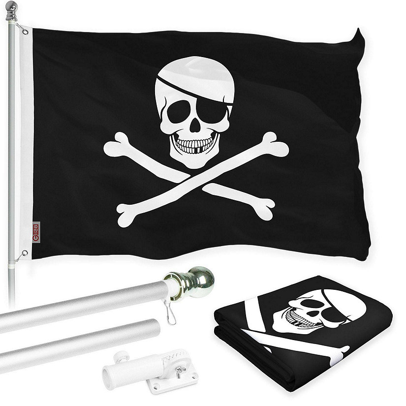 G128 - Combo Pack: Flag Pole 6 FT Silver Tangle Free and Pirate Jolly Roger Bones Flag 3x5ft 150D Printed Polyester Image