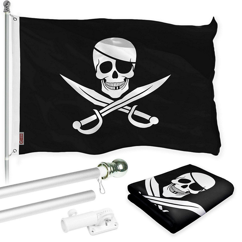 G128 - Combo Pack: Flag Pole 6 FT Silver Tangle Free and Pirate Jolly Roger Swords Flag 3x5ft 150D Printed Polyester Image