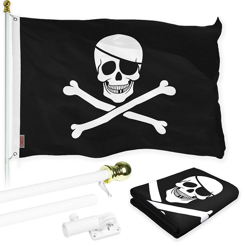 G128 - Combo Pack: Flag Pole 6 FT White Tangle Free and Pirate Jolly Roger Bones Flag 3x5ft 150D Printed Polyester Image
