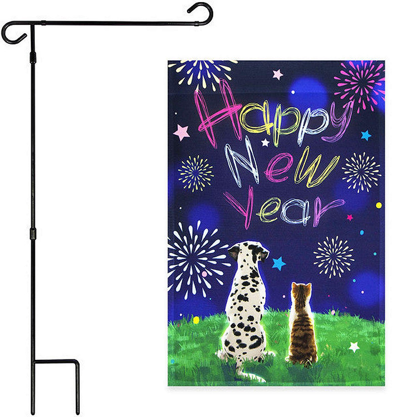 G128 - Combo Pack: Garden Flag Stand Black 36x16IN and Garden Flag Happy New Year Dog and Cat 12x18IN Image