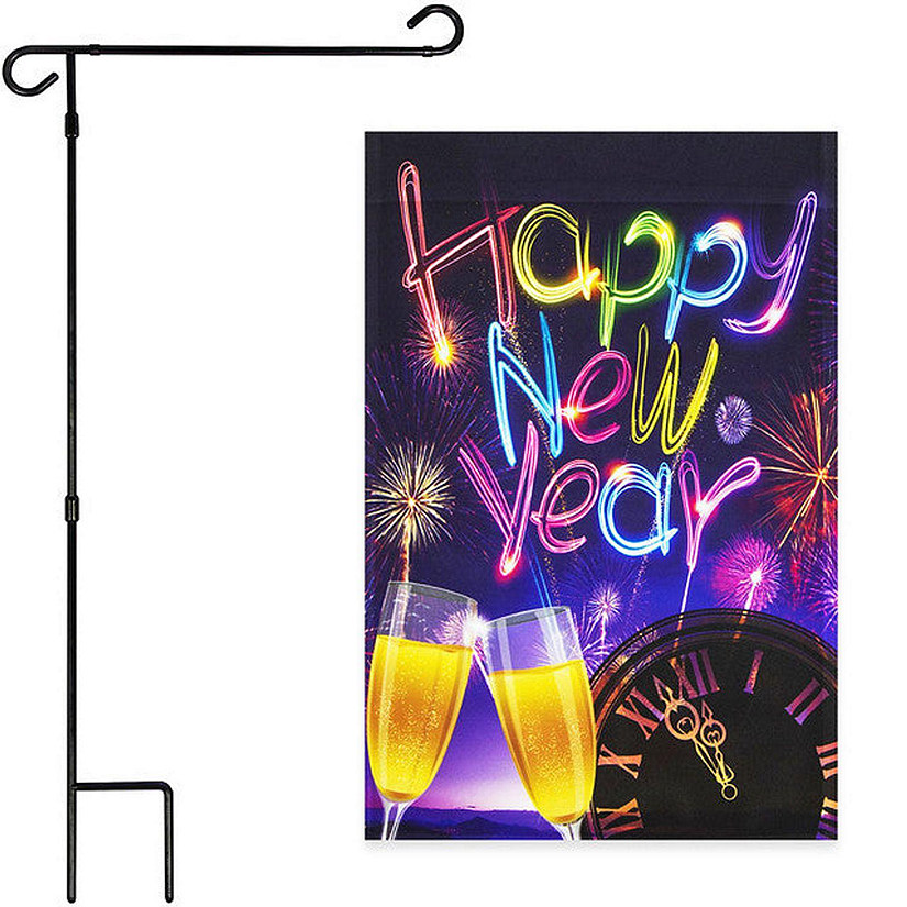 G128 - Combo Pack: Garden Flag Stand Black 36x16IN and Garden Flag Happy New Year Fireworks and Champagne 12x18IN Image