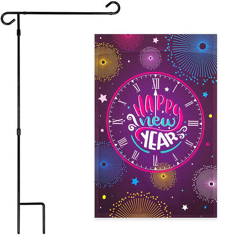 G128 - Combo Pack: Garden Flag Stand Black 36x16IN and Garden Flag Happy New Year Midnight Clock 12x18IN Image