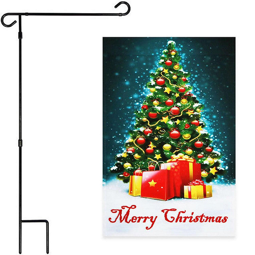 G128 - Combo Pack: Garden Flag Stand Black 36x16IN and Garden Flag Merry Christmas Tree with Gifts 12x18IN Image