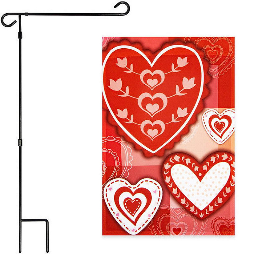G128 - Combo Pack: Garden Flag Stand Black 36x16IN and Garden Flag Patchwork Hearts 12x18IN Image