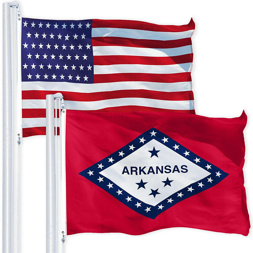 G128 Combo Pack USA American Flag 3x5 Ft 150D Printed Stars & Arkansas State Flag 3x5 Ft 150D Printed Image